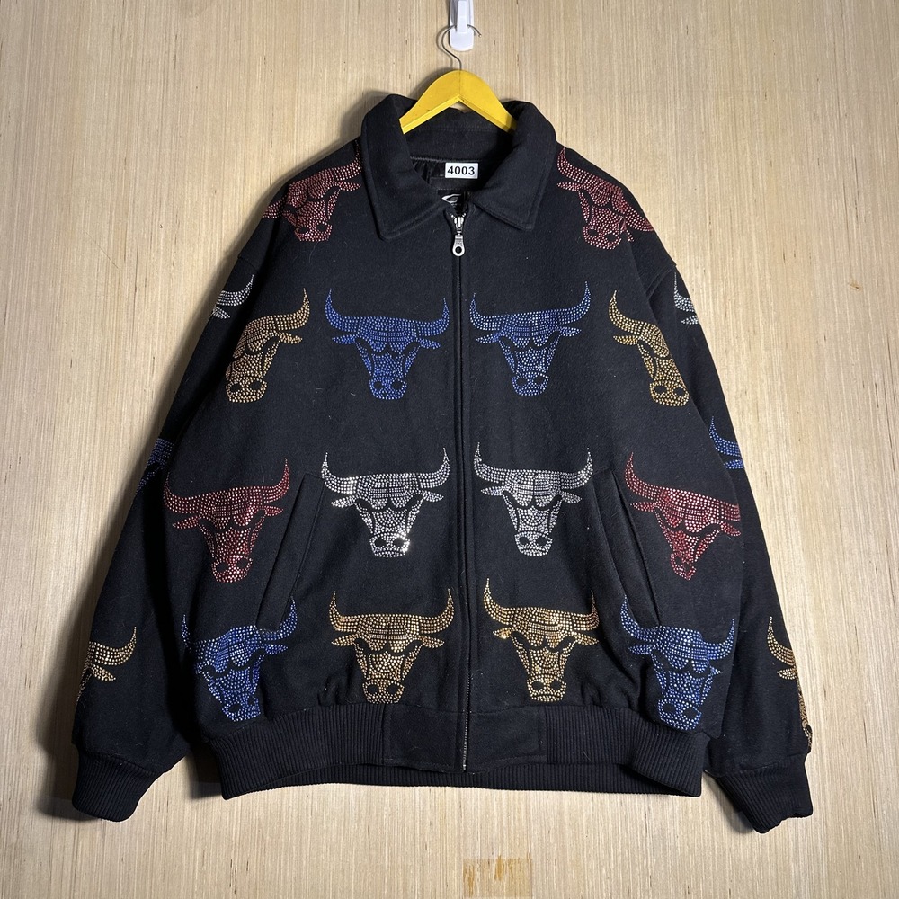 Vintage 90s Chicago Bulls Wool Blend Jacket Black XL Long Sleeve Collared Zip Up